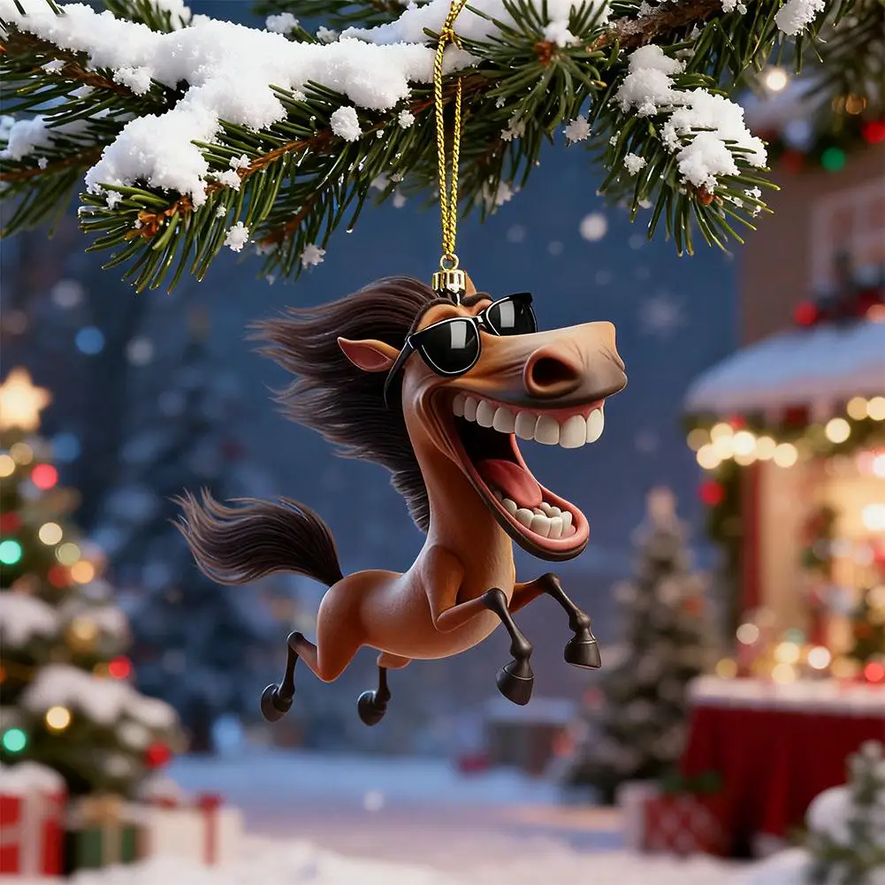 2D Horse Pendant Hanging Ornament With Chain Funny Animal Horse-Shaped Rearview Mirror Hanging Decor Car Interior Accessories ﻿