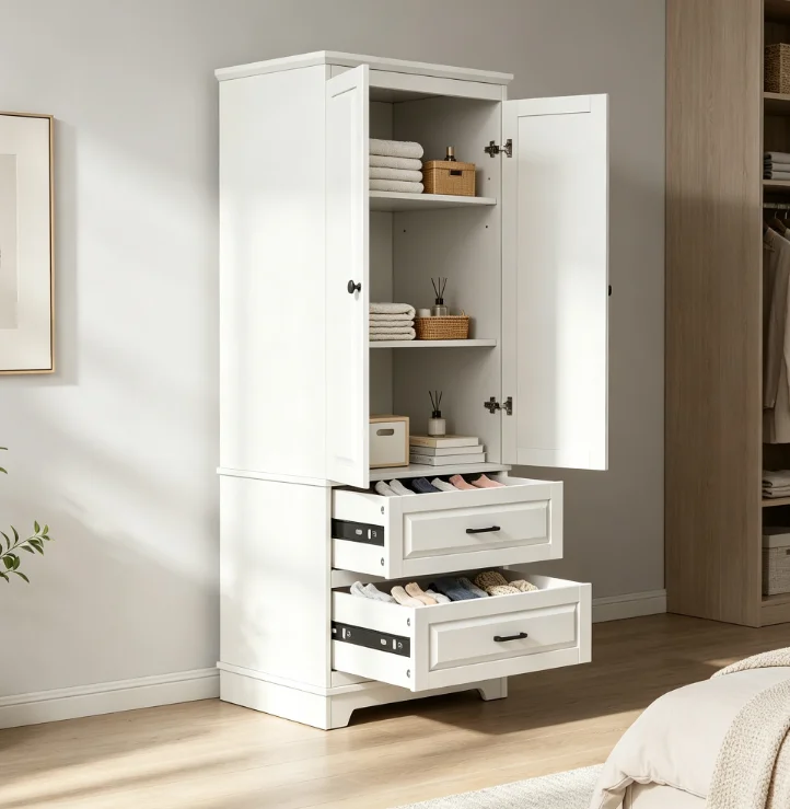 Rosahqnda Aufbewahrungsschrank 157×60×40 cm mit 2 Türen und 2 Schubladen, modernes weißes Sideboard-Buffetschrank für Wohnzimmer, Esszimmer, Büro, Flur, Weiß