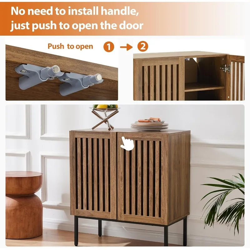 Grille Walnut Buffet Cabinet with Storage, Sideboards 2 Doors with Metal Base and Adjustable Shelf for Kitchen, Coffee Bar