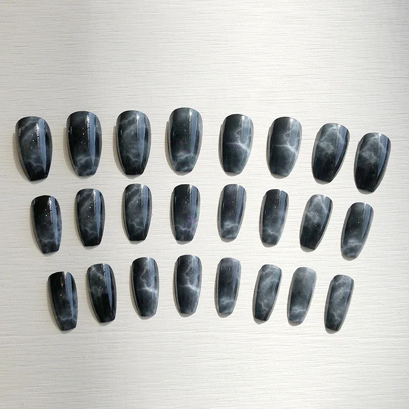 24Pcs Glossy Press On Nails Short Round Black Marble Pattern Full Cover Daily Wearable False Nail Patch for Girls Women