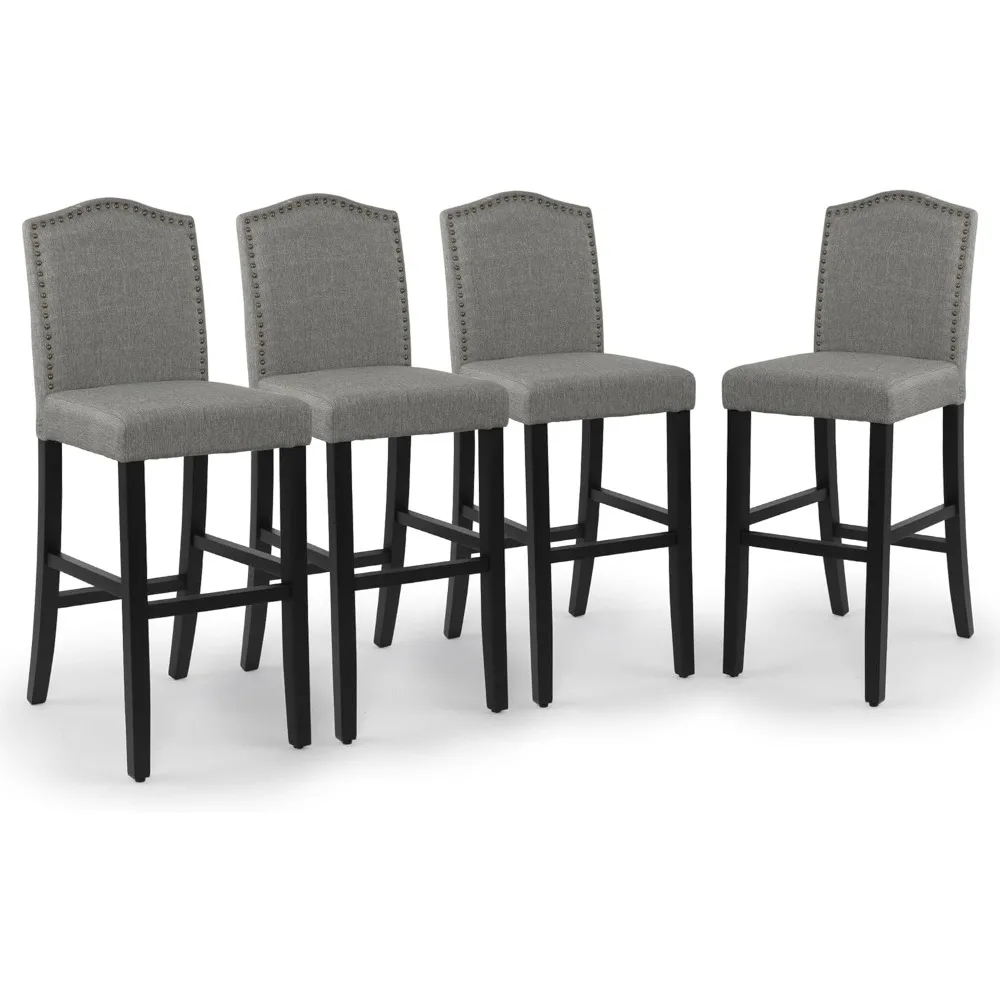 

29 Inch Bar Stools Set of 4 Modern Upholstered Chairs in Solid Wood Frame for Kitchen Islands Nail Head Trim, Gray