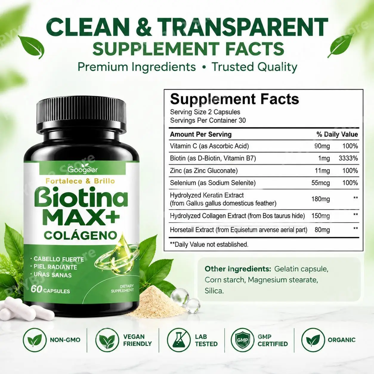 Biotin Capsules for Hair Strength and Nail Health with Hydrolyzed Keratin Collagen Vitamin C Zinc Horsetail Extract 60 Capsules