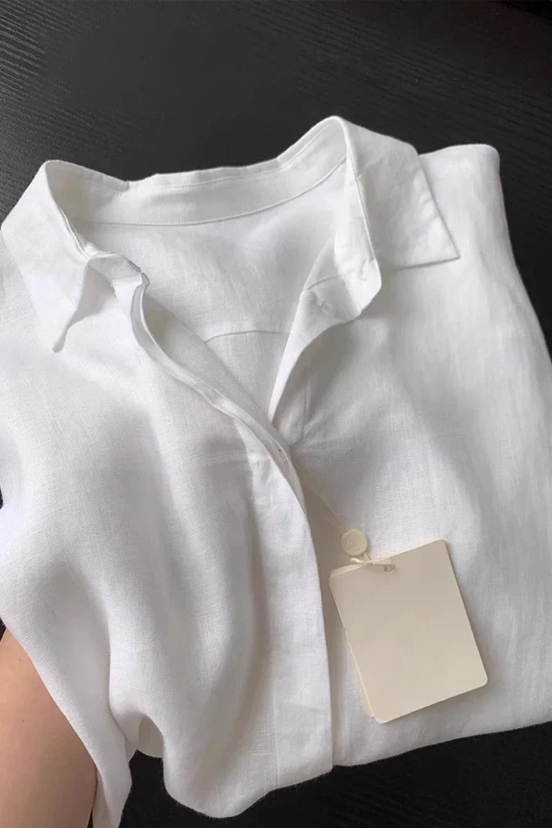 Women Linen Shirt Casual Loose Long Sleeve Thin Summer Top Pure Color Turn Down Collar French Style Sunscreen Clothing