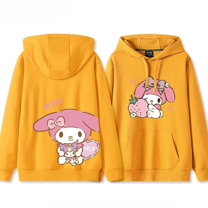 日本のレトロなソフトでキュートなマイメロディのイチゴ柄プリントのフード付きセーター、インスタイルのトレンド、ゆったりとしたカジュアルスタイル、キュートな女の子のトップス