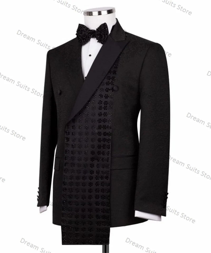 Black Crystals Men Suits Set 2 Piece Blazer+Cotton Pants Customized Formal Office Jacket Prom Wedding Tuxedo Male Business Coat