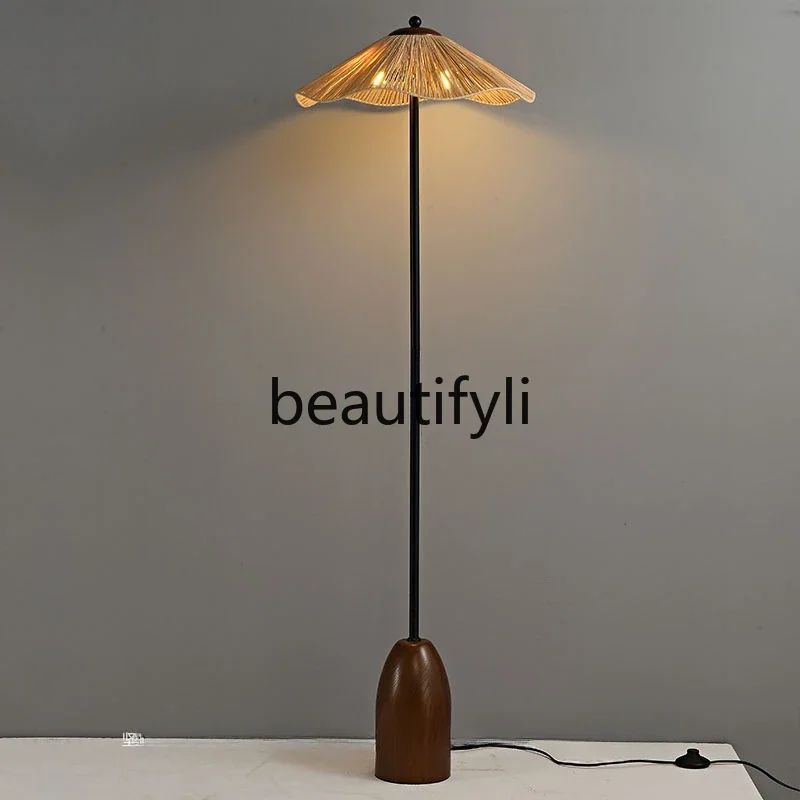 Medieval solid wood woven floor lamp minimalist wabi wind living room bedroom bedside atmosphere table lamp