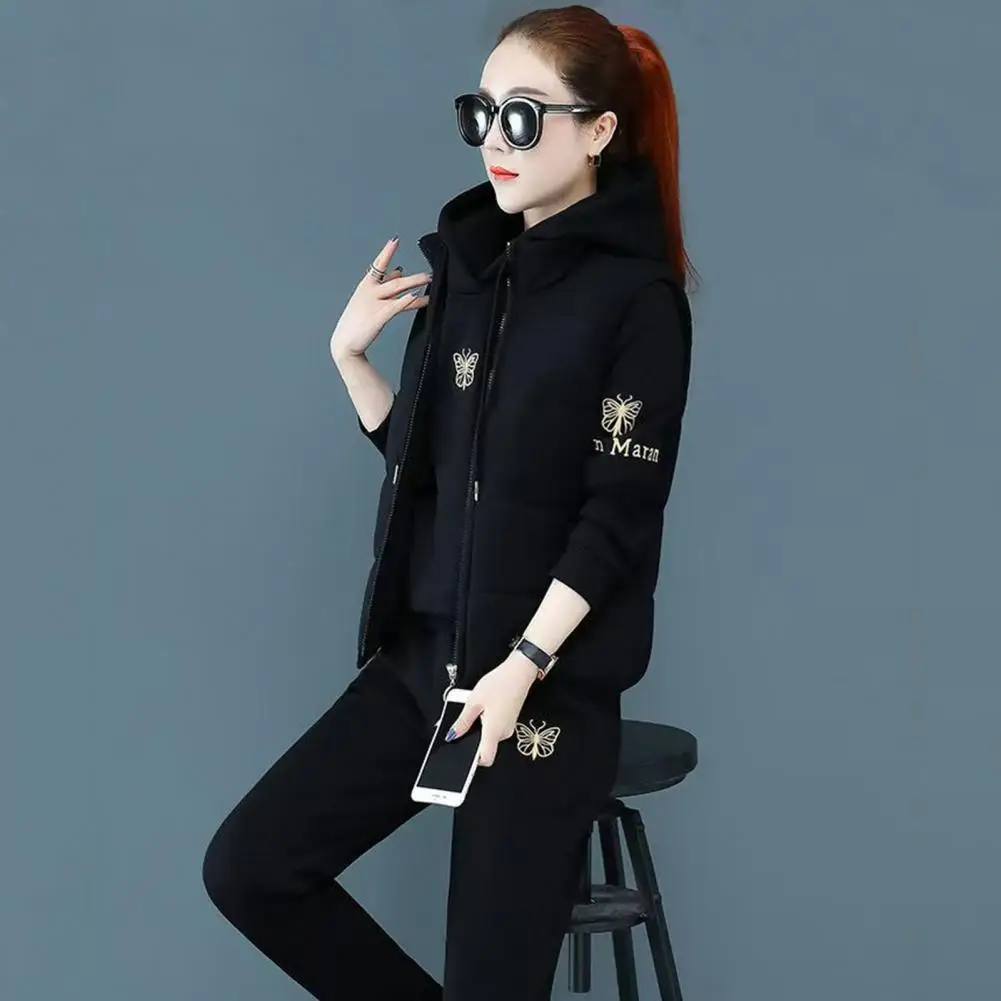 Women Three-piece Suit Women\'s Winter Tracksuit Set with Embroidered Hoodie Padded Coat Elastic Waist Pants 3 Piece for Weather