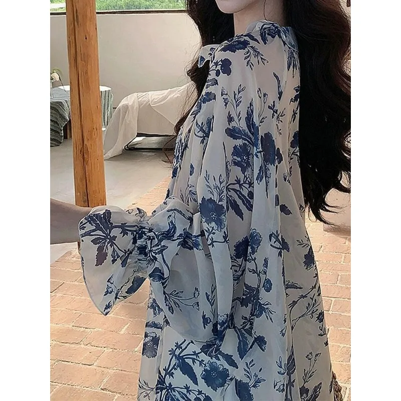 Women's Summer Floral Print Chiffon Blouse Long Sleeve Tie Neck V Neck Casual Shirt view 5