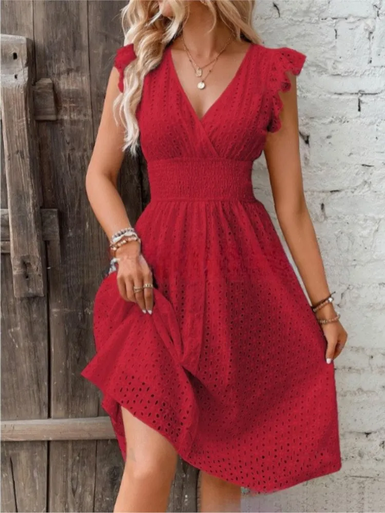 Elegant White Ruffles Dress For Women Fashion Sexy V Neck Hollow Out High  Waist Loose Dresses Lady Casual Holiday Beach Clothes - AliExpress 200000345