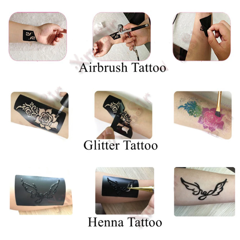 635 teile/los Wiederverwendbare Aufkleber Tattoo Schablonen Ordner Malerei Vorlage Airbrush Glitter Henna Tattoo Schablone Set Album Festen Stil – Detail 2