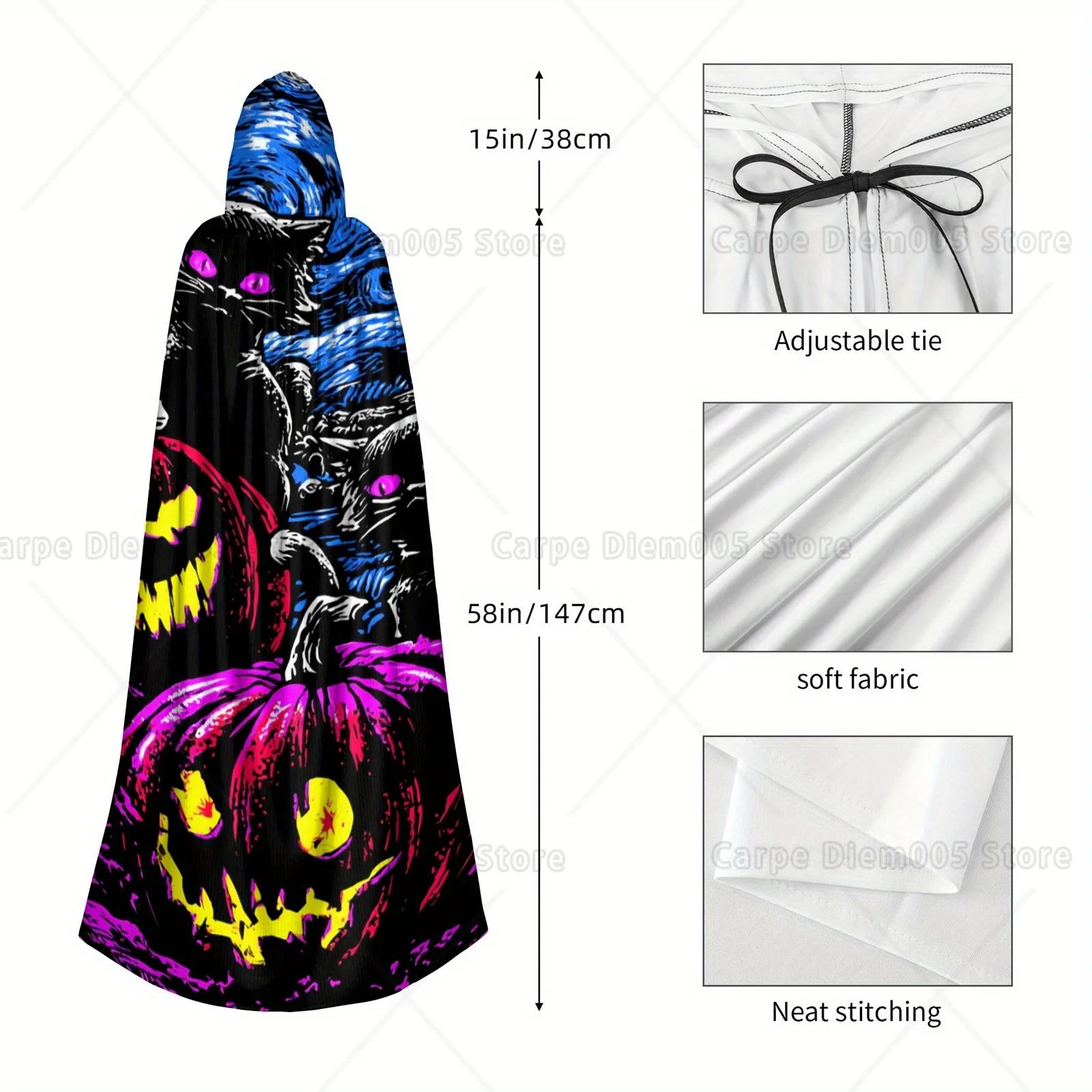 رأس بغطاء للرأس للساحرة للهالوين للبالغين باللون الأسود مع تصميم يقطين نابض بالحياة وفانوس جاك أو، بوليستر متين قابل للغسل في الغسالة