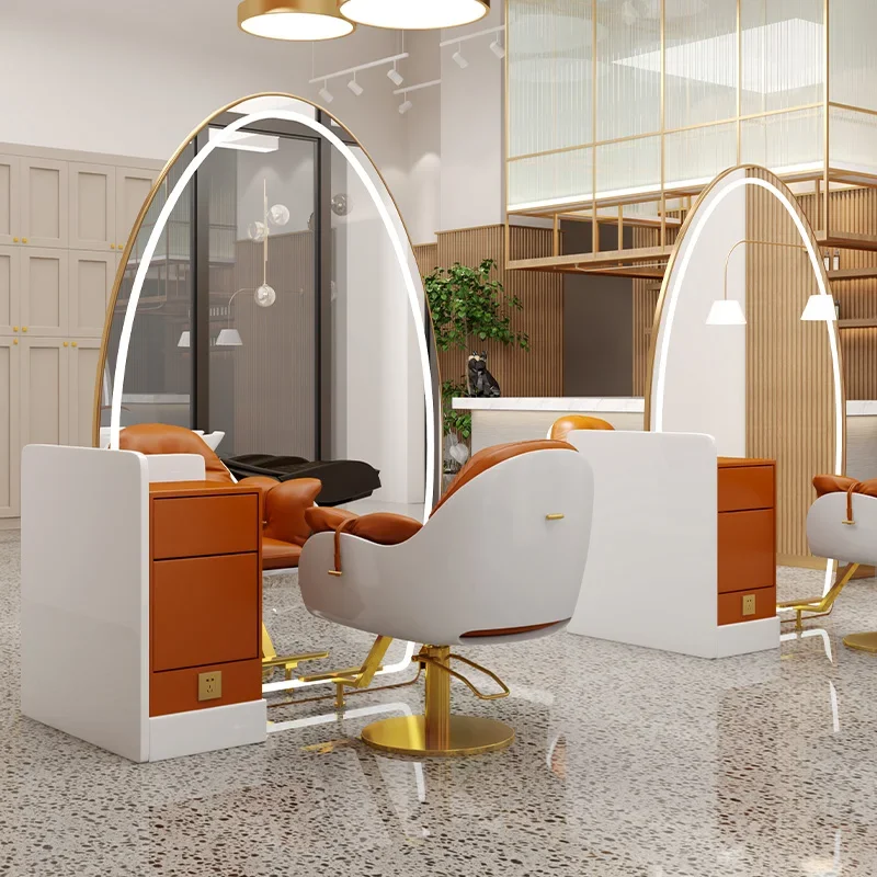 Barber Shop Mirror Table With Lamp Cabinet Integrated Floor Mirror Hair Salon Special Hairdressing Single-sided Double-sided