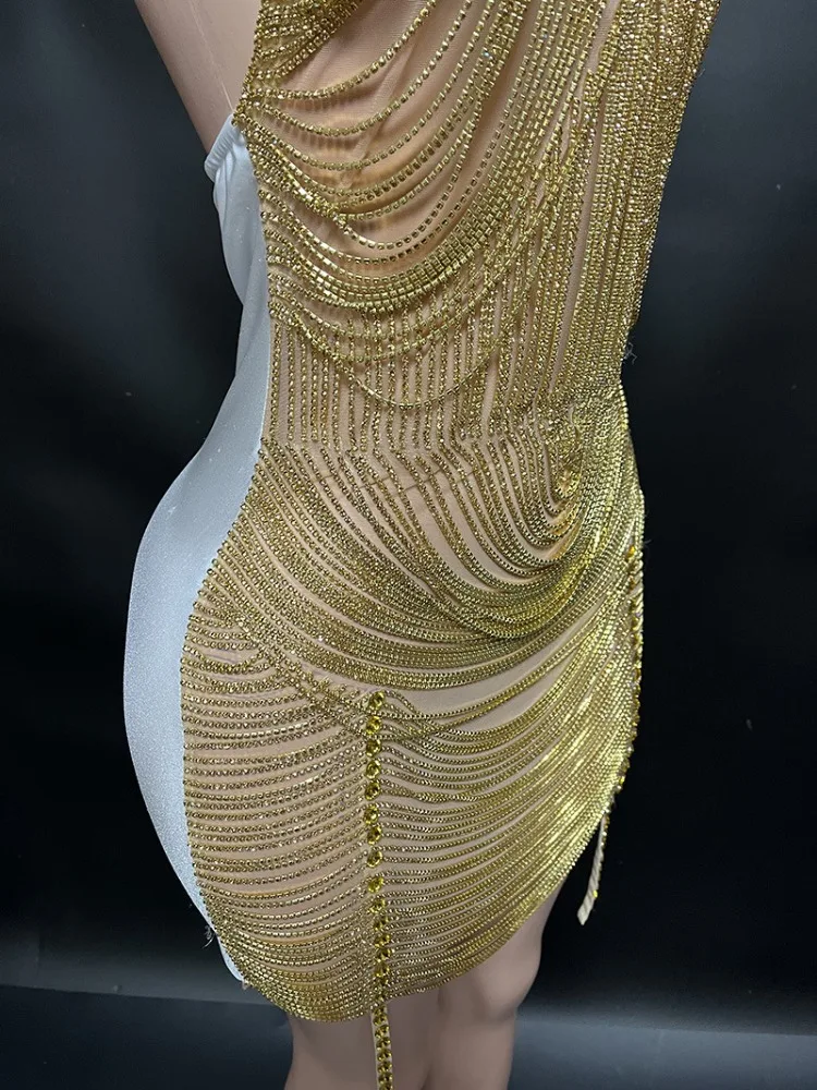 Gouden mesh halter glanzende gele diamant bar gig party host elegante slanke rok elbise golt gewaad strass doré gouden mini-jurk vestito