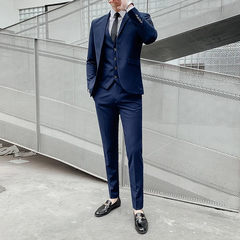 Business Suit (Blazer+ Vest + Pants) Men\'s Gentleman Fashion Slim Work Solid Color Plus Size Fair Dress Wedding Best Man Suit