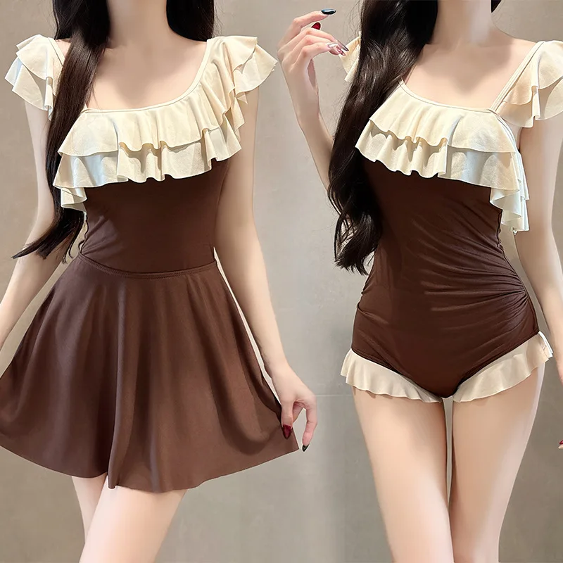 Fashion Off Shoulder Asymmetrical Women's One-piece Swimsuit Set Ruffled Trim Brown Skirt Style Two-piece Casual Swimwear