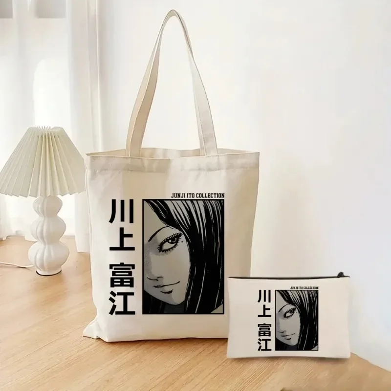 2 unids/set Junji Ito Anime bolso de moda para mujer bolso de cosméticos Tomie lona hombro Eco bolso de compras de gran capacidad cartera
