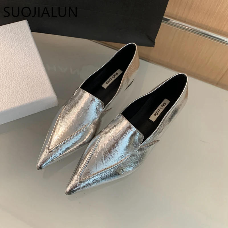 SUOJIALUN Autumn Women Flat Shoes Fashion Sliver Ladies Elegant Boat Shoes Pointed Toe Slip On Flat Heel Casual Outdoor Laofers