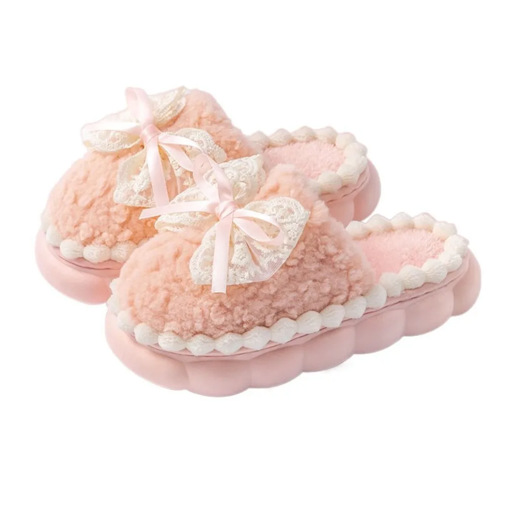 

Cute Lace Bow Plush Bowtie Slippers Thick-soled Sweet Thick Warm Slippers Non-slip Household Home Indoor Shoes Girls