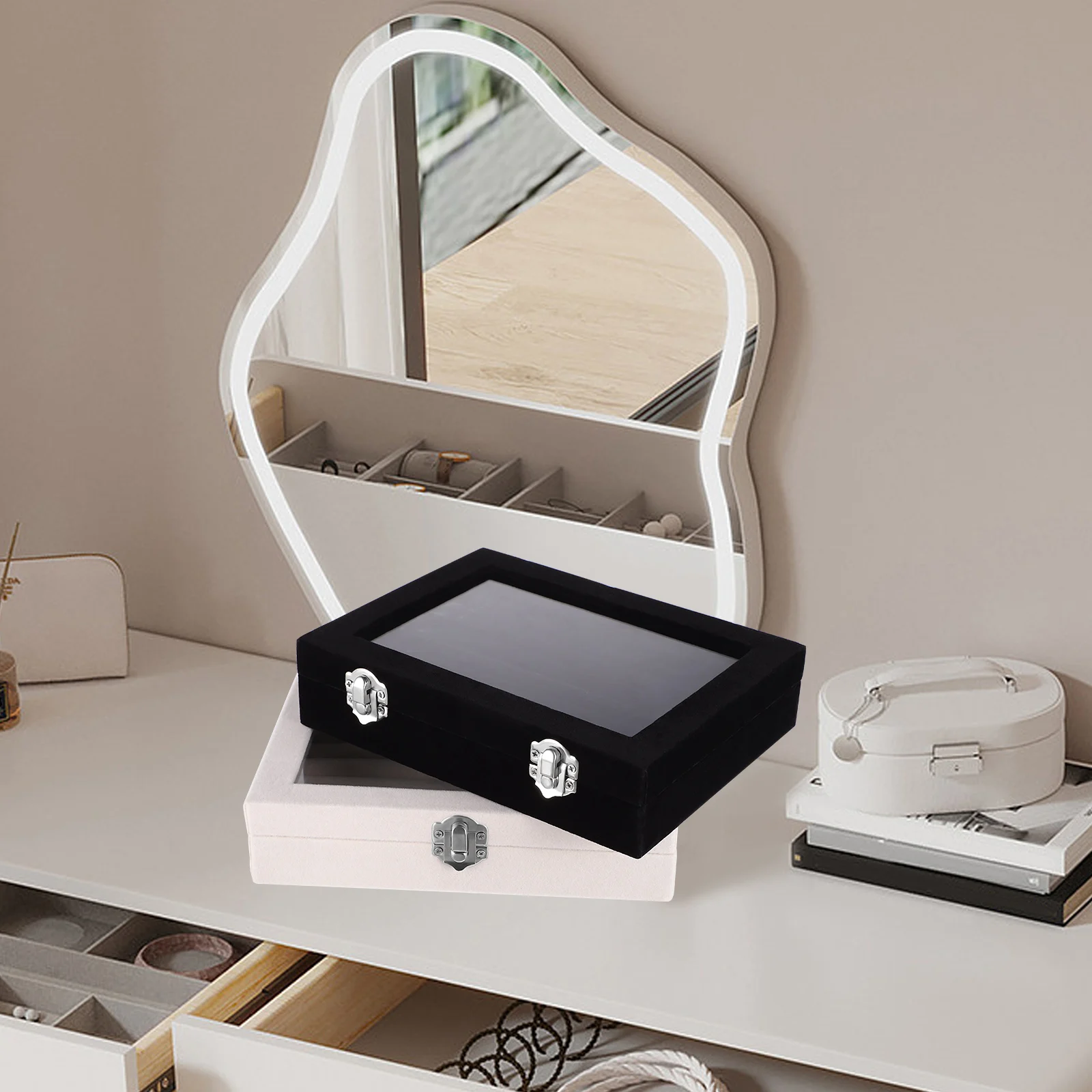 

2 шт., витрина для ювелирных изделий, деревянные бархатные держатели для колец премиум-класса, органайзер для хранения, прозрачный оконный замок, брошь-запонка