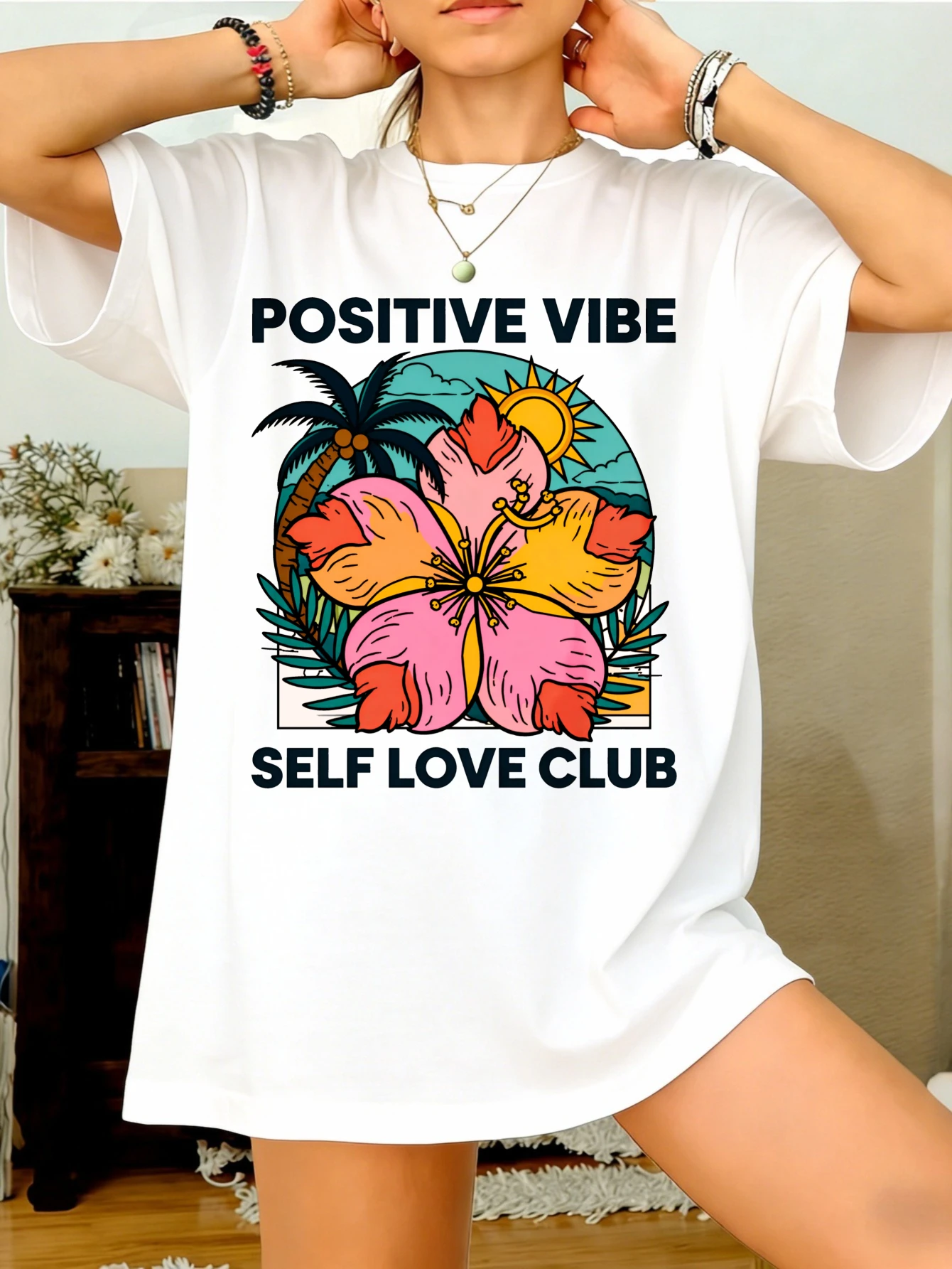 

Женская хлопковая футболка с коротким рукавом, летняя повседневная футболка в стиле бохо с графическим принтом Positive Vibe Self Love Club для женщин