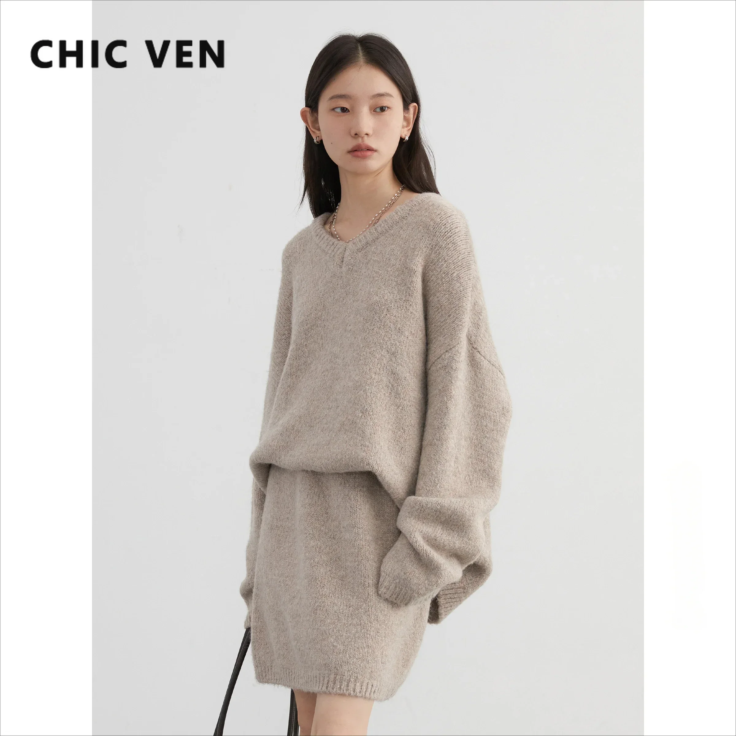 CHIC VEN-Conjunto de falda para mujer, Jersey holgado, nuevo Mini suéter liso con cuello en V, faldas de pierna recta, primavera y otoño 2024