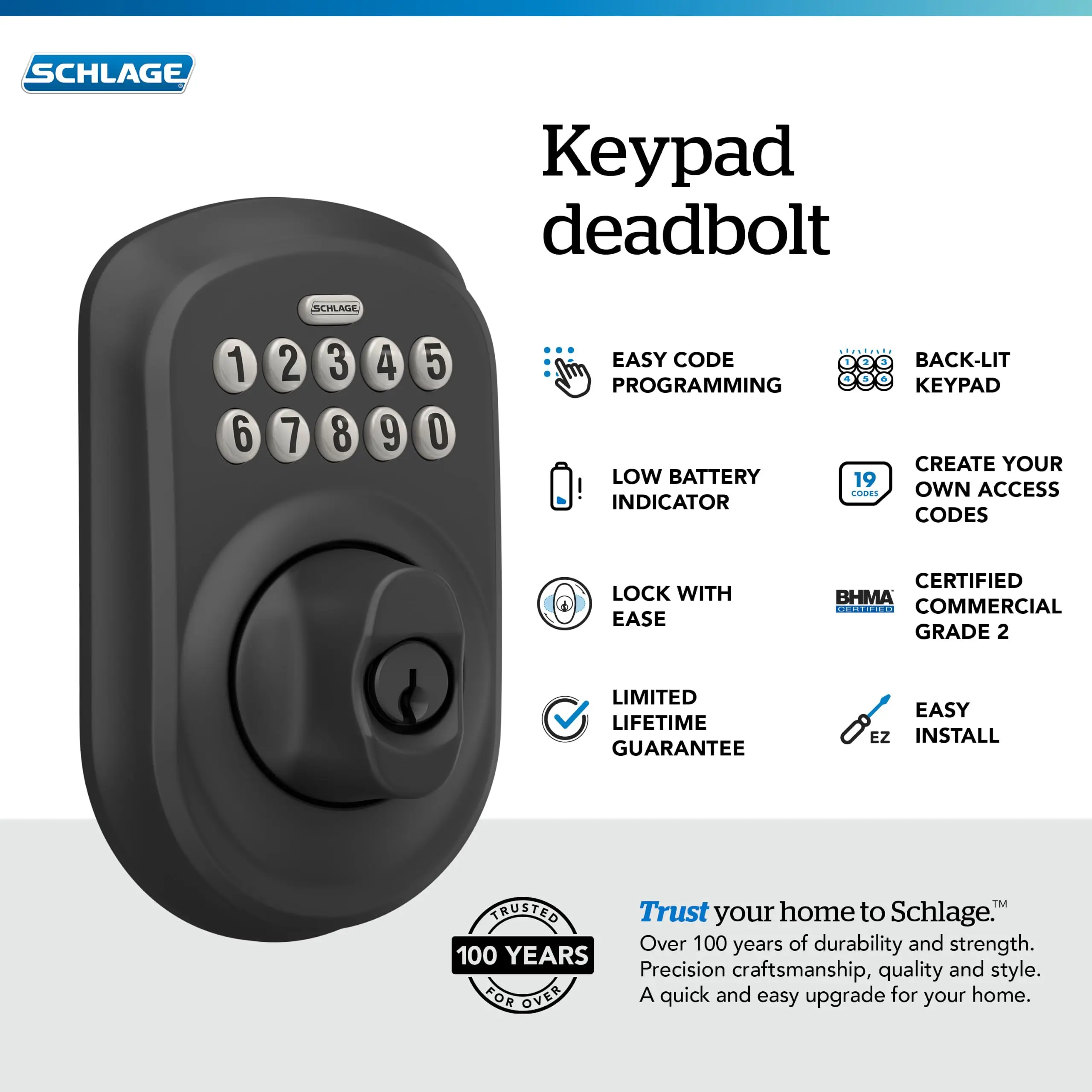 Electronic Keypad Deadbolt Lock, Plymouth Trim, Matte Black