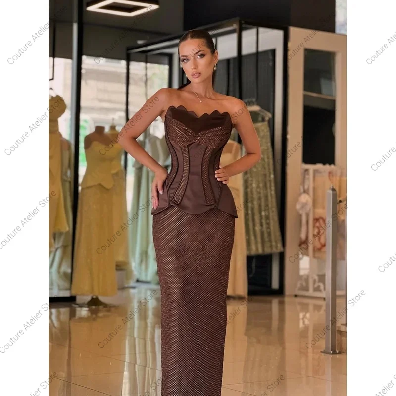 

Customized Brown Sequins Strapless Backless Sleeveless robes de soirée Two-Piece Set Party Dresses Side Slit Prom Dress