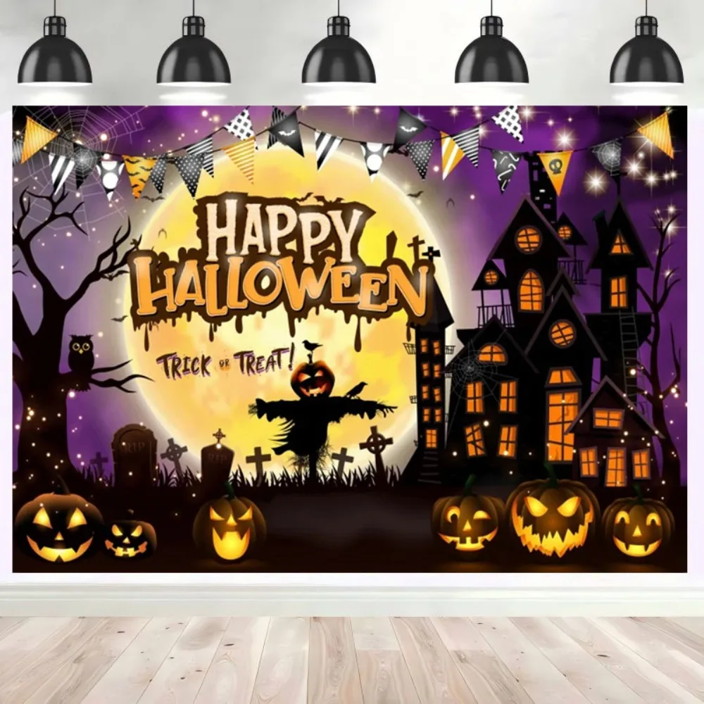 

Happy Halloween Background for Photography Cartoon Moon Pumpkin Lantern Castle Cemetery Kids Birthday Family Party Backdrop