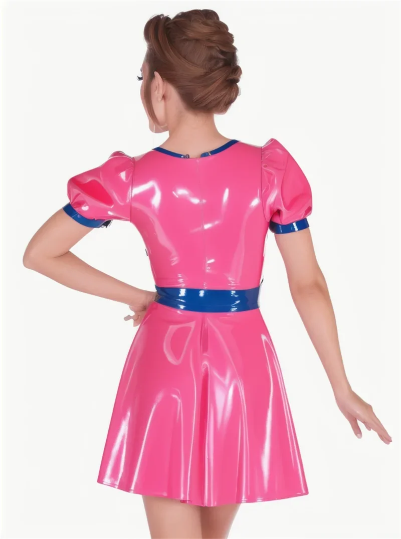 Sexy Woman Metallic Pink and Blue Latex Dress A-Line Latex Dress Club Wear Back Zip
