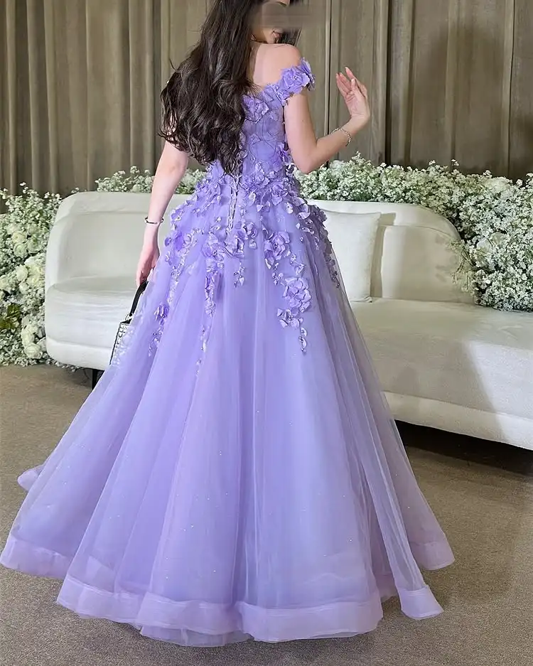 L & P DQL Studio robes de bal lavande robe de soirée épaules dénudées à lacets dos plis Tulle avec appliques perles robe de soirée