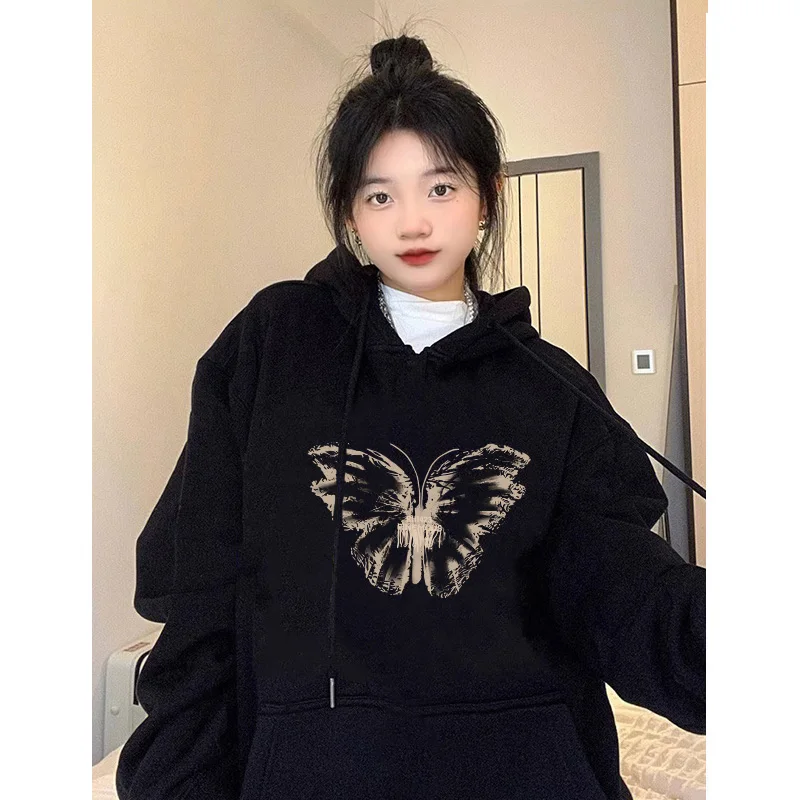 

Плюшевая толстовка в стиле ретро, женская, в американском стиле, милая, крутая, черная, с длинными рукавами и капюшоном, осенняя новая свободная повседневная уличная одежда