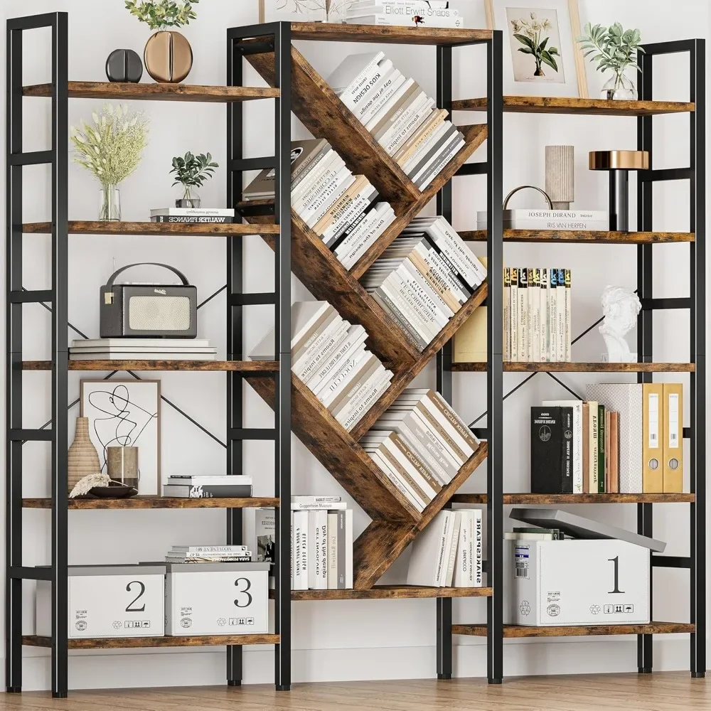 Triple 5 Tier Book Shelf, Large Wooden Bookcase With 17 Open Display Shelf, Modern Tree Bookshelf Metal Frame Tall Bookshelf