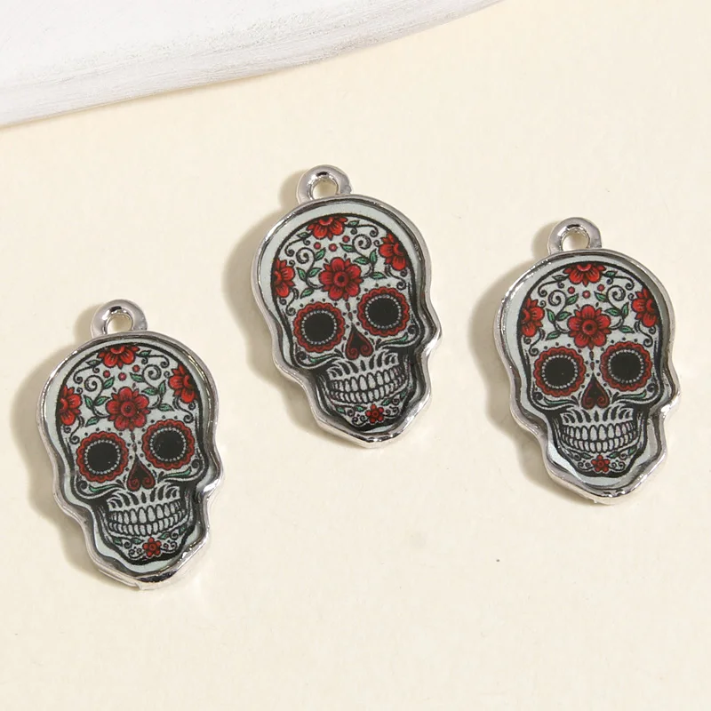 5pcs Silver Color 22x13mm Enamel Flower Skull Charms Halloween Pendant For DIY Handmade Necklaces Earrings Jewelry Accessories