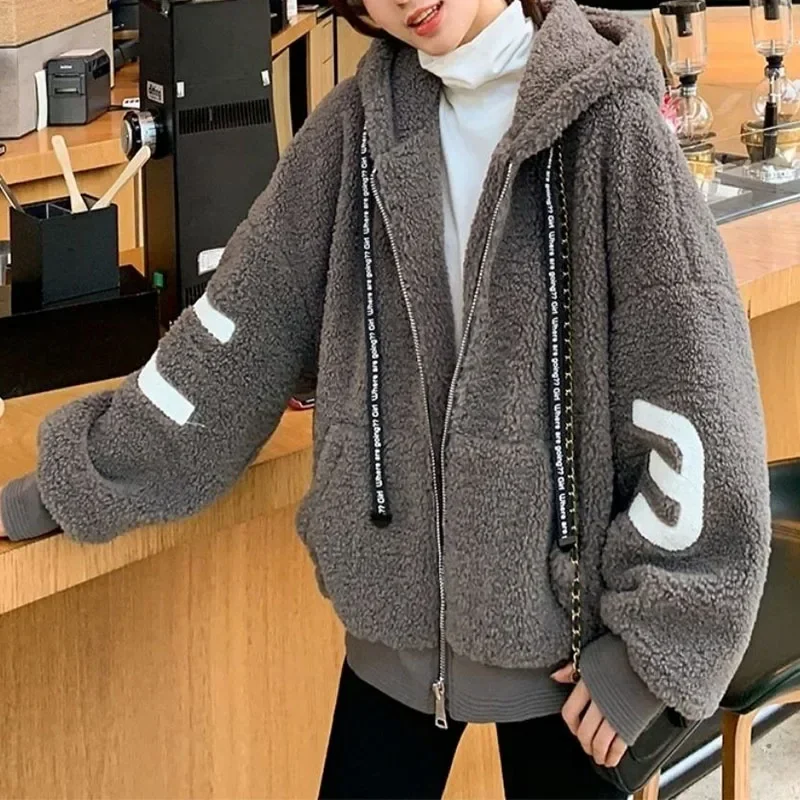 Women Lamb Wool Hoodies Autumn Winter Thicken Warm Sweatshirts Zip Up Jackets Ladies Hooded Coats Female Casual Loose Outerwear