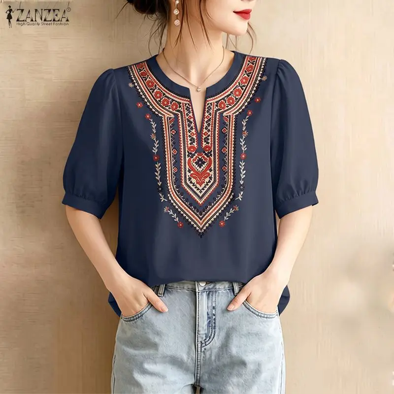 Bohemian Printed Blouse ZANZEA Summer Women Tops Vintage Ethnic Style O Neck Half Puff Sleeve Shirt Casual Holiday Retro Tunic