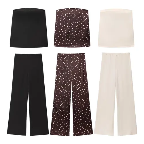 MYST & ZA2025, novedad de verano, ropa elegante para mujer con hombros descubiertos, Top sin tirantes con textura de seda + conjunto de pantalones adelgazantes de cintura alta