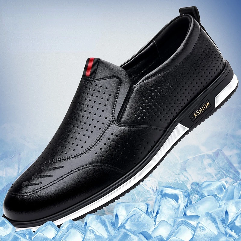 Convenient Perforated Breathable Holes Men\'s Shoes 2023 Summer New Male Sandals Genuine Leather Business Loafers for Men