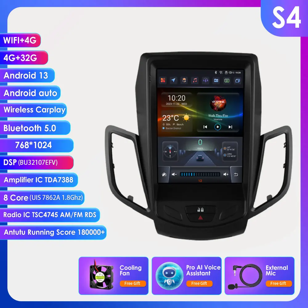 Hizpo 2 Din autoradio voor Ford Fiesta MK7 2009-2016, multimediaspeler met CarPlay, Android Auto, GPS, BT, WIFI, FM, RDS, AI.