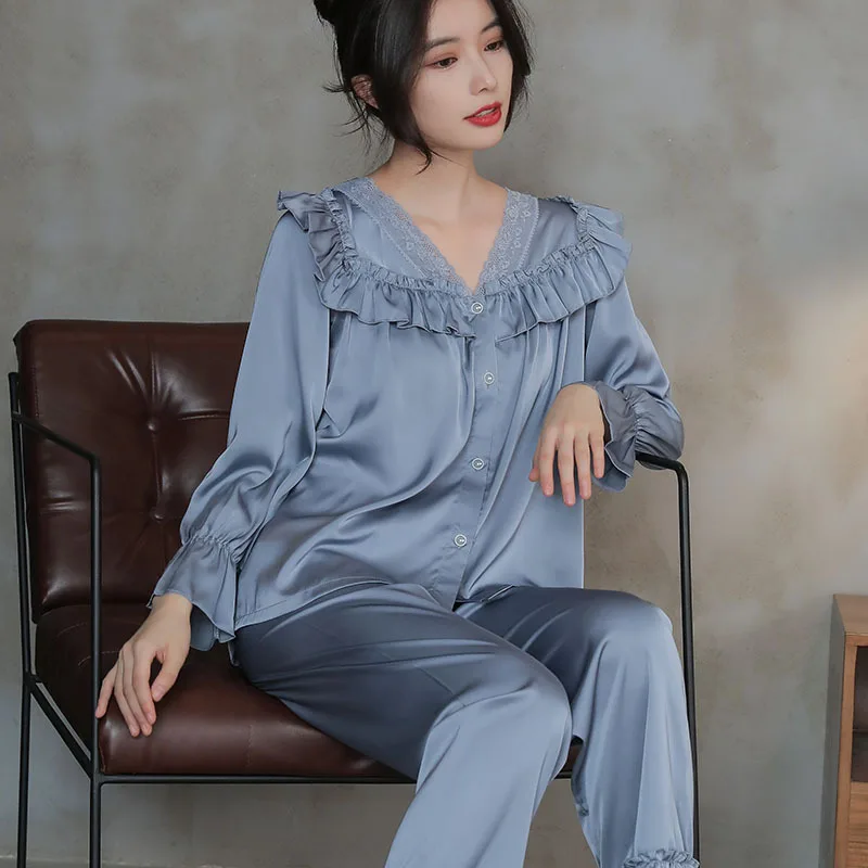 Female 2 Pcs Pajamas Set Palace Style Princess Sleepwear Sweet Lace Ruffle Trouser Suits Nightwear Spring Autumn Satin Home Wear