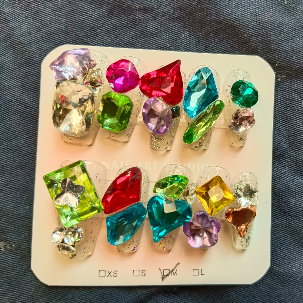 10Pcs Box-Packed Multicolored Crystal Press on Nails Bright Color Artificial Embellishment dDiamond Elegant Nail Art Enhancement