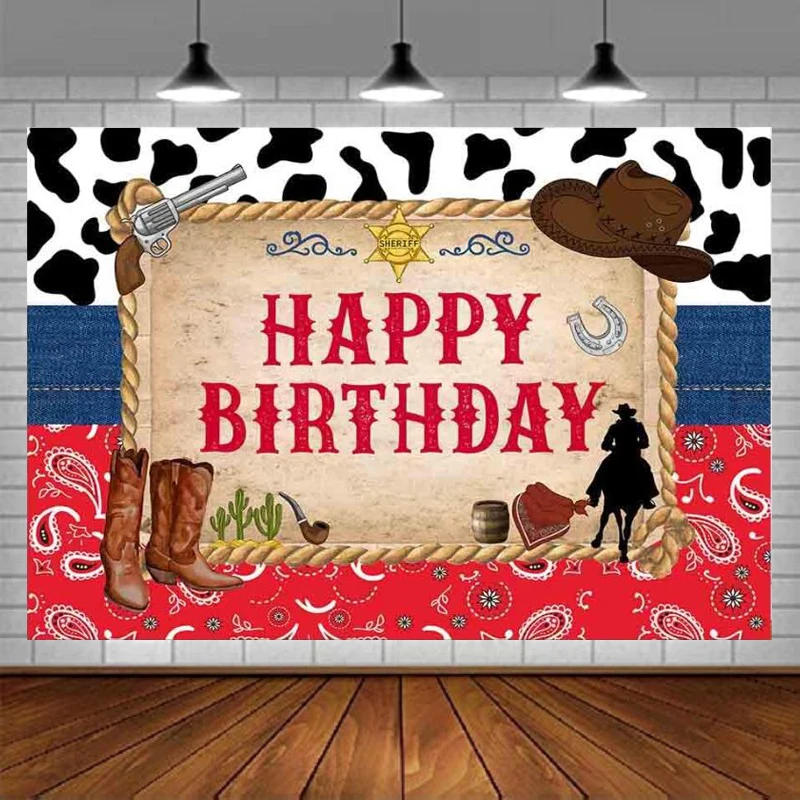 Western Cowboy Photography Backdrop Happy Birthday Party Decoration Or Kids Cowboy Rodeo Background Banner Poster