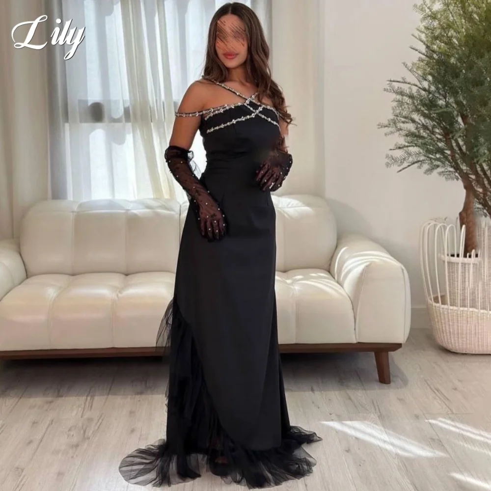

Lily Black Long Party Dress V-Neck Vintage Night Dress with Tulle Crystals A-Line Prom Dress for Woman 프롬 드레스 Customized