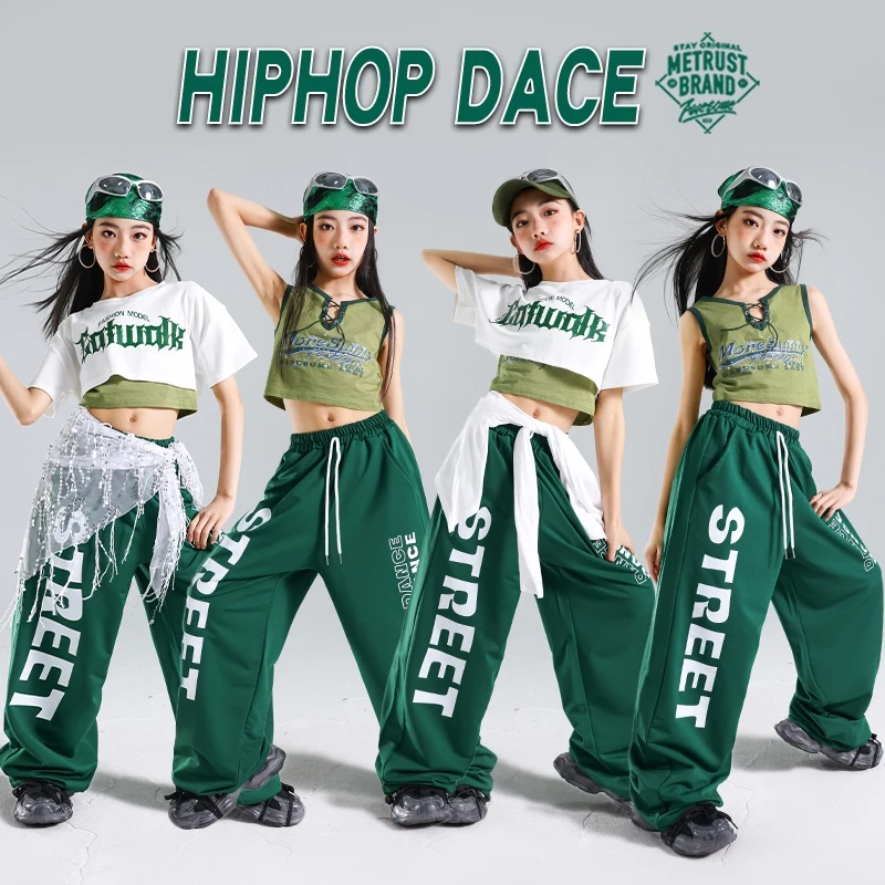 Abbigliamento da ballo jazz Ragazze Hip Hop Costumi di danza di strada Crop Top Shuffle Pantaloni Bianco Verde Abito alla moda Kpop Stage Outfit AMY1947