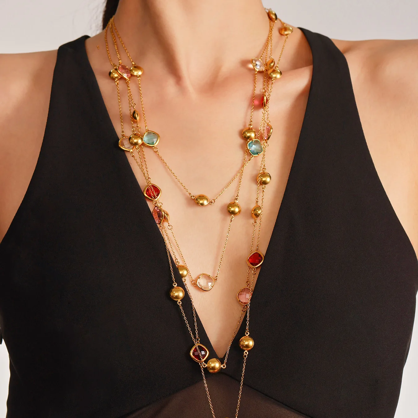 

Women's long bohemian style stainless steel necklace finely crafted 18K gold-plated color-preserving perfect for layering