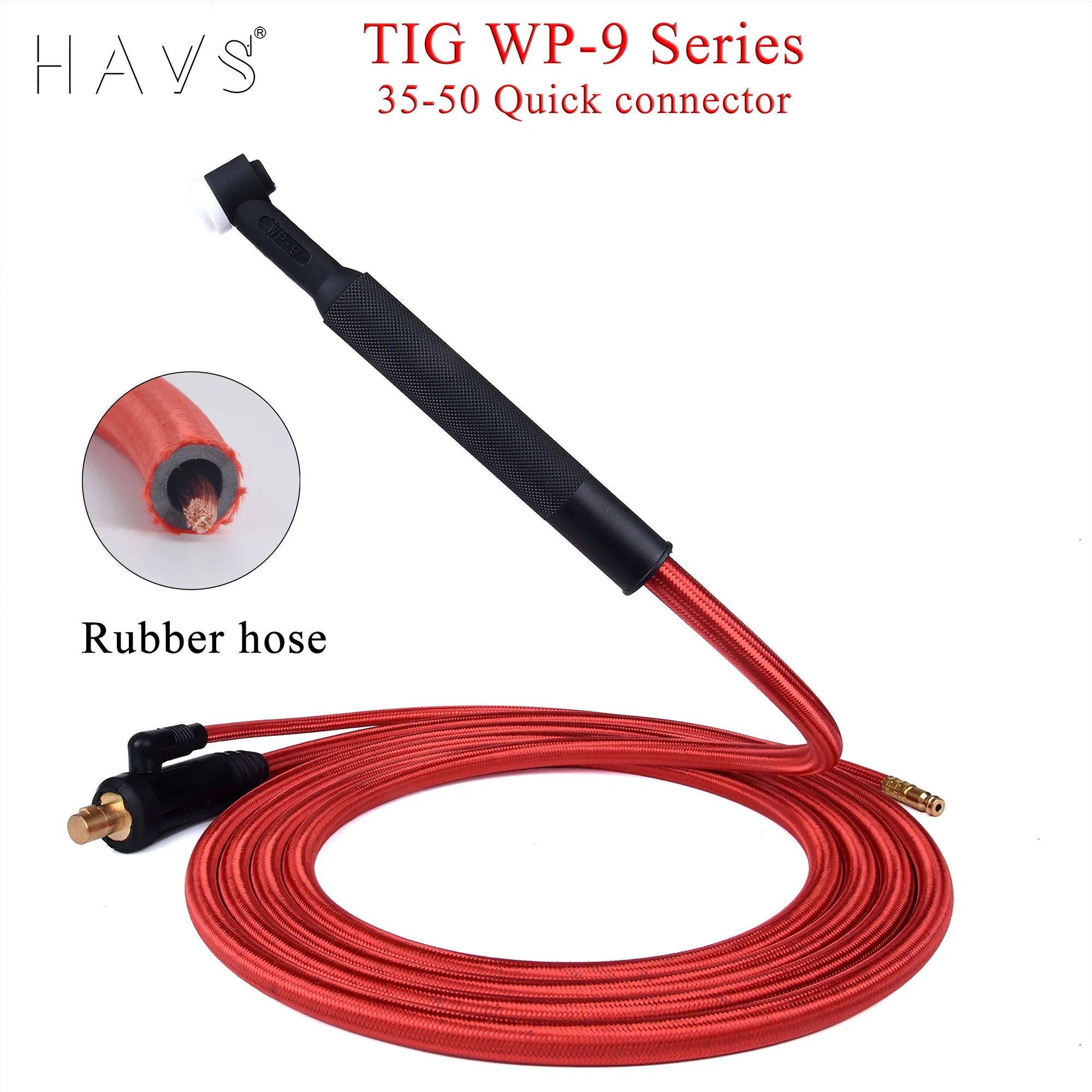 4/7m WP9 TIG Welding Torch Gas-Electric Integrated Red Rubber Hose Cable Wires 5/8 UNF Quick Connector 35-50 Euro Connecto