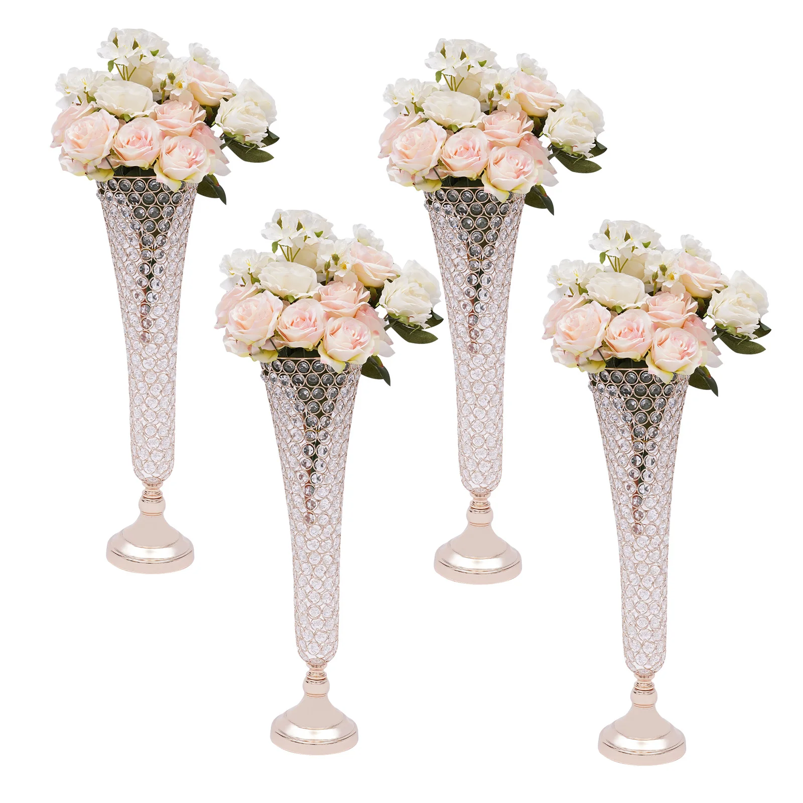 4pcs Crystals Trumpet Floral Vase Wedding Flower Stand Gold Flower Vases for Table Centerpiece Home Decoration