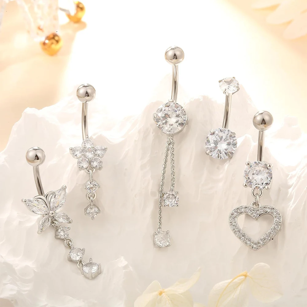 14G Gold Color Series Butterfly Dangled Belly Piercing Sets 4-6PCS/Lot Heart Flower Curved Navel Navel Ring Belly Button Rings