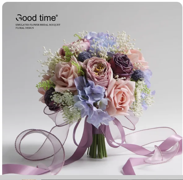 

French soft | Pink-purple roses holding artificial flowers | Bride's wedding license bouquet home photography flower arrangement
