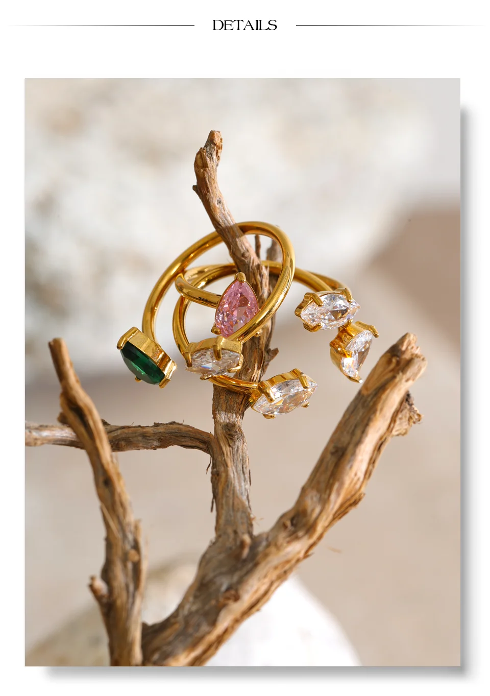 Yhpup Edelstahl-Tropfenring mit Kubischem Zirkonia, Antiallergisch, Zierlich, Beliebte Neuheiten, Größenverstellbarer Schmuck – Detail 8