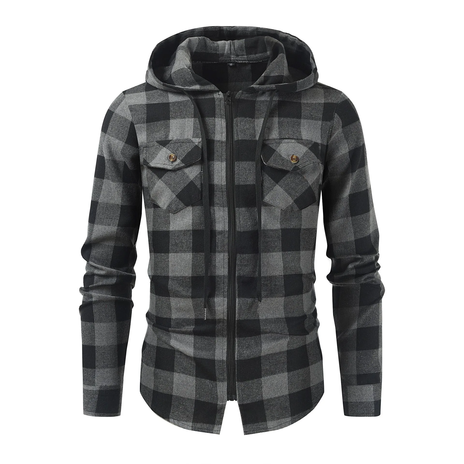 2024 Spring and Autumn Fashion Trend Plaid Hooded Shirt Men\'s Casual Relaxed Comfortable Sports Large Size Long-Sleeved Shirt